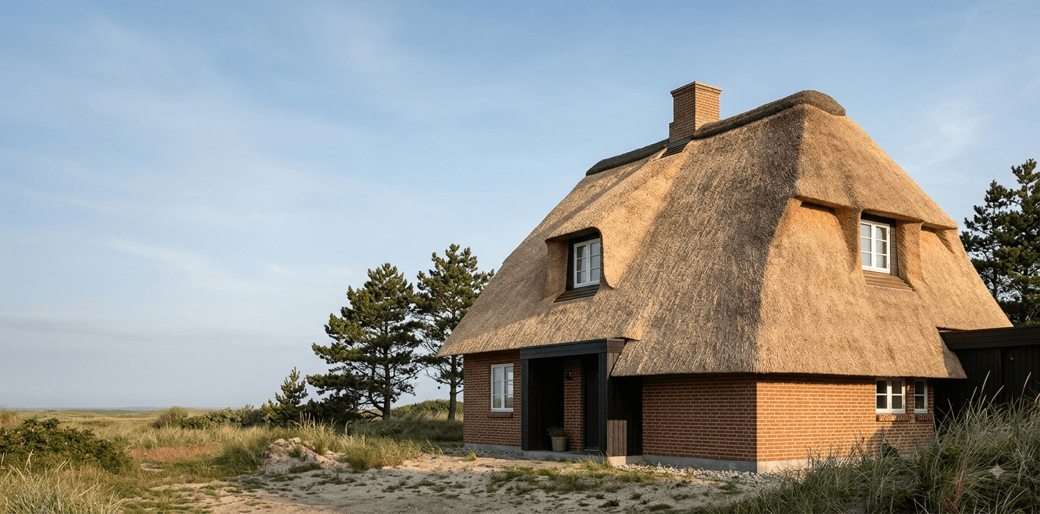 Stråtækket hus med nyt tag i det vestjyske klitlandskab